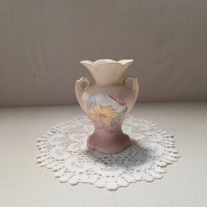Vintage Hull Pottery Two-Handle Vase With Floral Design & Scalloped Rim